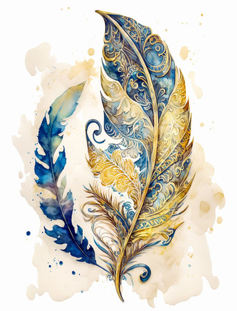 Watercolor painting of ornate feather with paisley pattern. Golden blue colors, decorative intricate writing. Generative AI.の素材