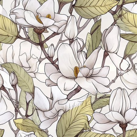 Seamless patterns with magnolia. Intricate floral background for textile fabric in soft pastel colors, botanical art. AI generativeの素材