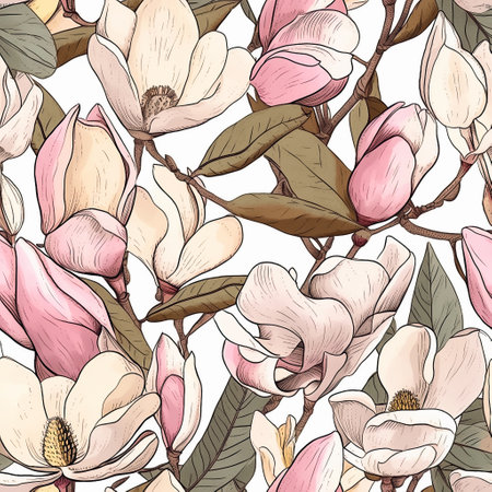 Seamless patterns with magnolia. Ornate detailed wallpaper, texture design for gift wrap, botanical art. AI generativeの素材