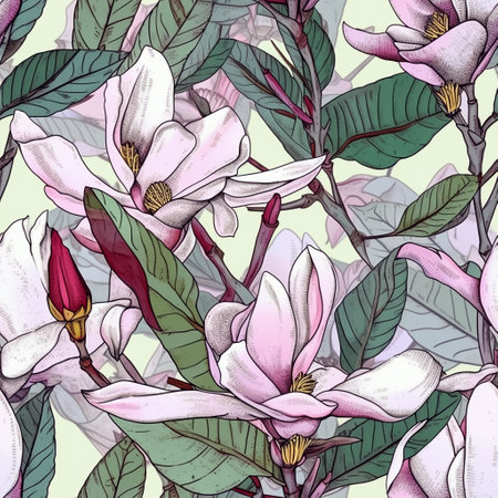 Seamless patterns with magnolia. Whimsical floral background for textile fabric in soft pastel colors, botanical art. AI generativeの素材