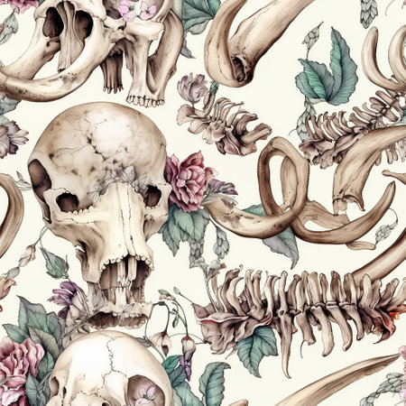 Whimsical seamles pattern with bones, skulls and roses flowers. Intricate background for textile fabric in boho style. AI generativeの素材