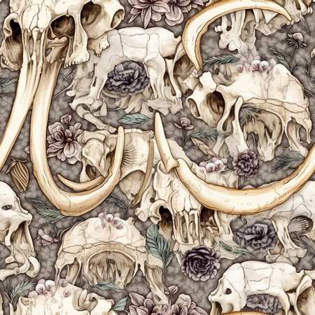 Whimsical seamles pattern with bones and roses flowers. Intricate background for textile fabric in boho style, ornate detailed wallpaper. AI generativeの素材