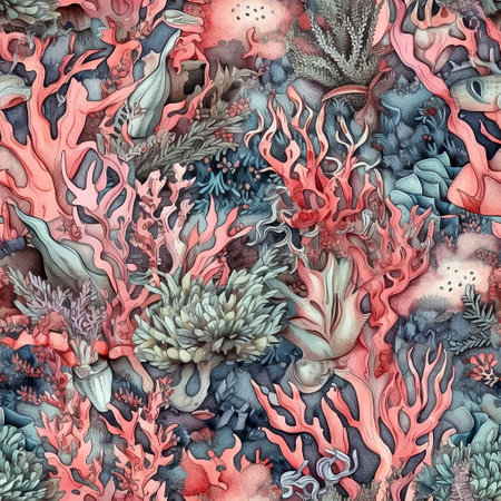 Whimsical seamles pattern with coral, seaweed and anemones. Intricate marine life background for textile fabric in soft pastel colors, ornate detailed wallpaper. AI generativeの素材