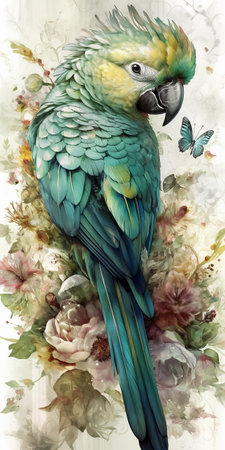 Vertical painting of parrot portrait on background of flowers. AI generativeの素材