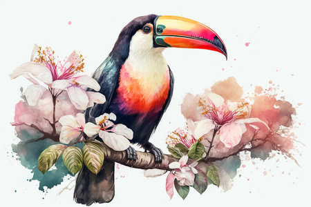 Watercolor painting of a toucan sitting on a branch with flowers. White background. AI generativeの素材