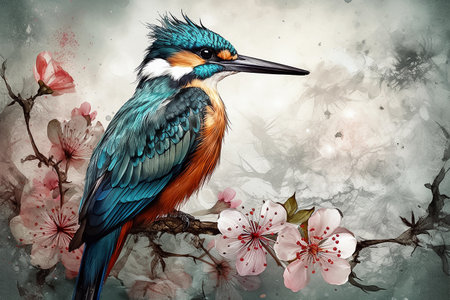 Digital painting of a Kingfisher bird sitting on a branch of a blooming sakura tree. AI generativeの素材