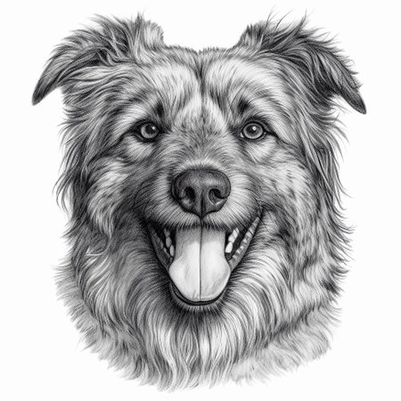 Close-up portrait of friendly dog on white background, graphic drawing. AI generativeの素材