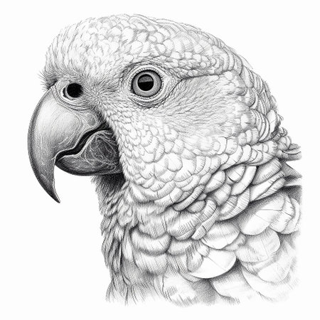 Pencil drawing of a head parrot, isolated on white, close-up portrait. AI generativeの素材