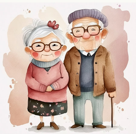 Portrait of elderly couple in love. Watercolor cartoon illustration. AI generativeの素材