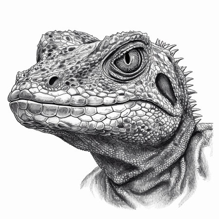 Portrait of iguana head with big eyes. Graphic drawing on white background. AI generativeの素材
