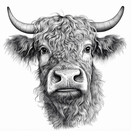 Close-up portrait of cow head with horns, line art on white background. AI generativeの素材