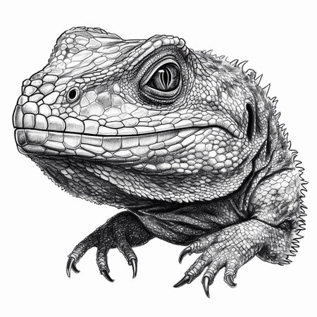 Close-up portrait of iguana. Line art on white background. AI generativeの素材