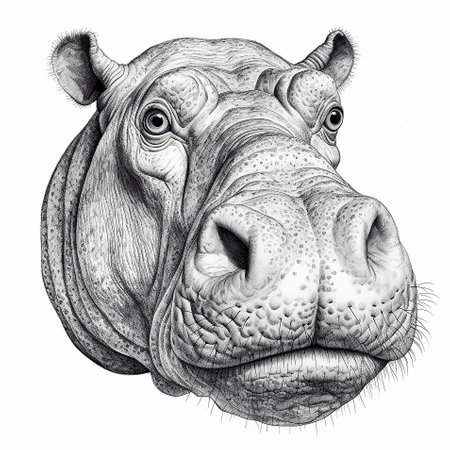 Portrait of hippo for tattoo or T-shirt design or outwear. Black and white drawing of a head. AI generativeの素材