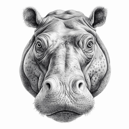 Close-up portrait of hippopotamus head, line art on white background. AI generativeの素材