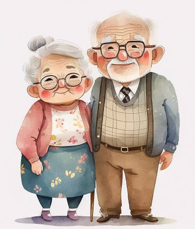 Elderly couple. Watercolor cartoon illustration. Isolated on white background. AI generativeの素材