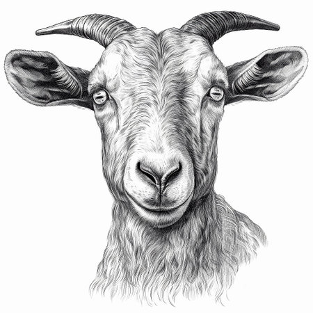 Goat sketch drawing. Close-up portrait of head, isolated on white background. AI generativeの素材