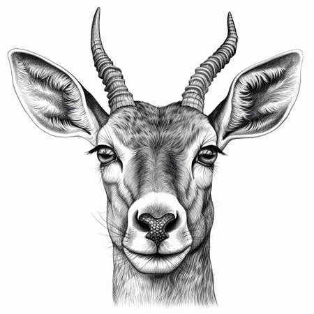 Pencil drawing of a head antelope, isolated on white, close-up portrait. AI generativeの素材