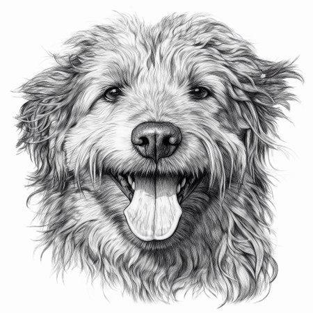 Portrait of fluffy friendly dog for t-shirt design. Pencil drawing, isolated on white background. AI generativeの素材