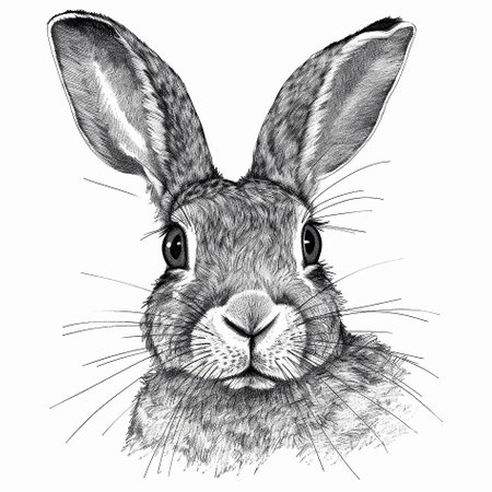 Close-up line art portrait of bunny on white background, pencil drawing. AI generativeの素材