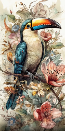Watercolor painting of toucan bird on branch with big flowers. AI generativeの素材