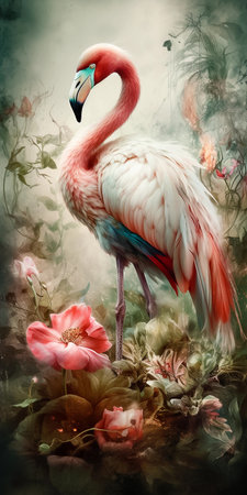 Vertical painting of a flamingo on the background of flowers. AI generativeの素材