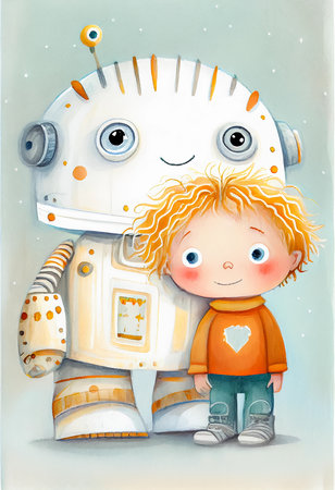 Cute cartoon boy with a robot. Watercolor portrait for children's book illustration. AI generativeの素材