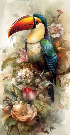 Vertical watercolor painting of toucan bird sitting on blooming branch. AI generativeの素材