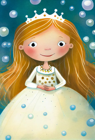 Portrait of little cartoon princess on a blue background with bubbles. Watercolor illustration for children's book. AI generativeの素材