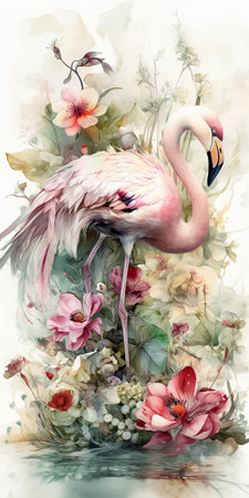 Portrait of a pink flamingo with flowers. Vertical watercolor painting. AI generativeの素材