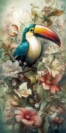 Vertical watercolor painting of a toucan sitting on a branch with big flowers. AI generativeの素材