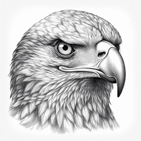 Pencil drawing of a head eagle, isolated on white, close-up portrait. AI generativeの素材