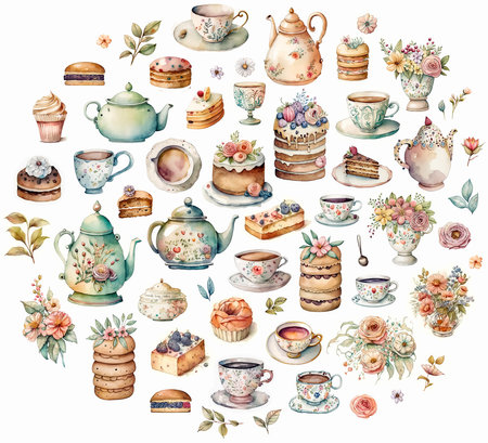 Tea party set. Watercolor illustration with different sweets and objects like as tea cup, teapot and cake, isolated on white background. AI generativeの素材