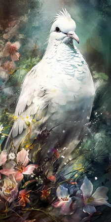 Portrait of a white dove in a meadow with flowers. Digital vertical painting. AI generativeの素材