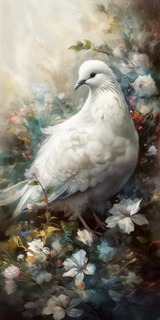 Portrait of a white pigeon on background of flowers. Digital vertical painting. AI generativeの素材