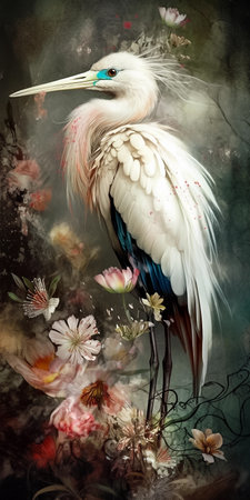 Vertical watercolor painting of an egret on the background of flowers. AI generativeの素材