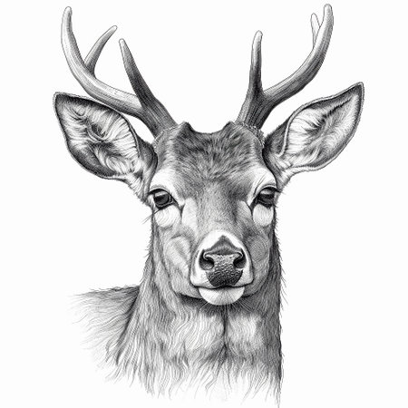 Line art portrait of deer with antlers on white background, pencil drawing. AI generativeの素材
