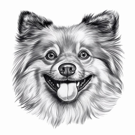 Portrait of pomeranian, black and white t-shirt design with friendly dog, graphic drawing. AI generativeの素材