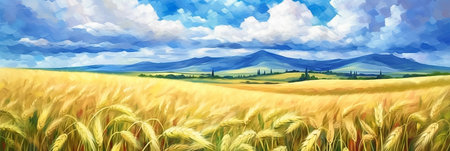 Panoramic view of wheat field with blue sky. Digital landscape painting. AI generativeの素材