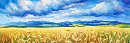 Beautiful summer landscape with wheat field and mountains. Digital panoramic painting. AI generativeの素材