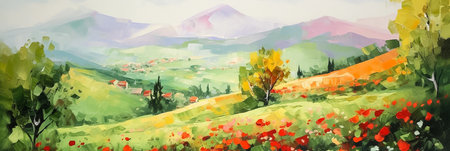 Summer landscape with red wildflowers and mountains. Digital panoramic painting. AI generativeの素材
