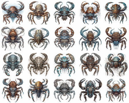 Collection of fantasy crabs, isolated on white background. AI generativeの素材