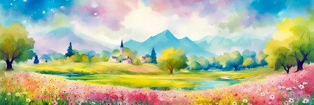 Beautiful panoramic landscape with wildflowers, mountains and river. Digital watercolor painting. AI generativeの素材