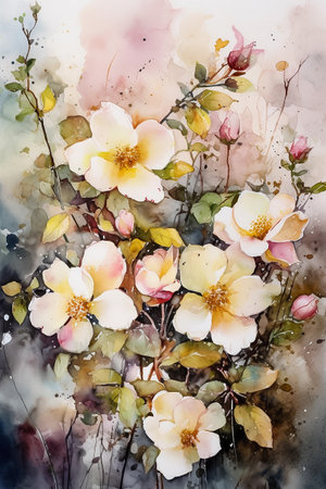 Blooming branch of a dog rose. Vertical digital watercolor painting. AI generativeの素材