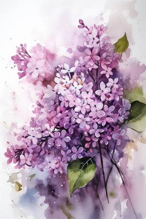 Branch of lilac flowers. Vertical digital watercolor painting. AI generativeの素材