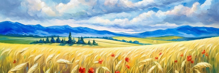 Panoramic landscape with wheat field and mountains. Rural scene. AI generativeの素材