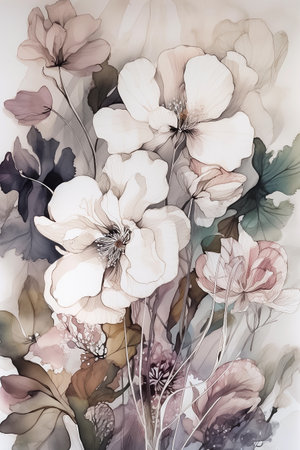 Watercolor floral digital painting with anemones flowers in neutral tones. AI generativeの素材