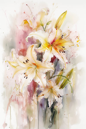 Beautiful lilies on a white background. Digital watercolor painting in pastel tones. AI generativeの素材