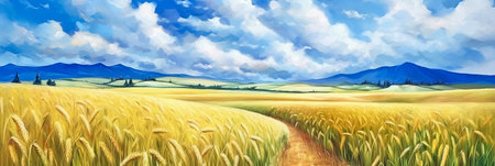 Wheat field and blue sky with clouds. Rural panoramic landscape. Digital painting. AI generativeの素材