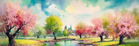 Panoramic landscape with blossom trees, church and pond, horizontal digital painting. AI generativeの素材