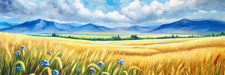 Beautiful summer landscape with wheat field and blue cornflowers. Digital panoramic painting. AI generativeの素材